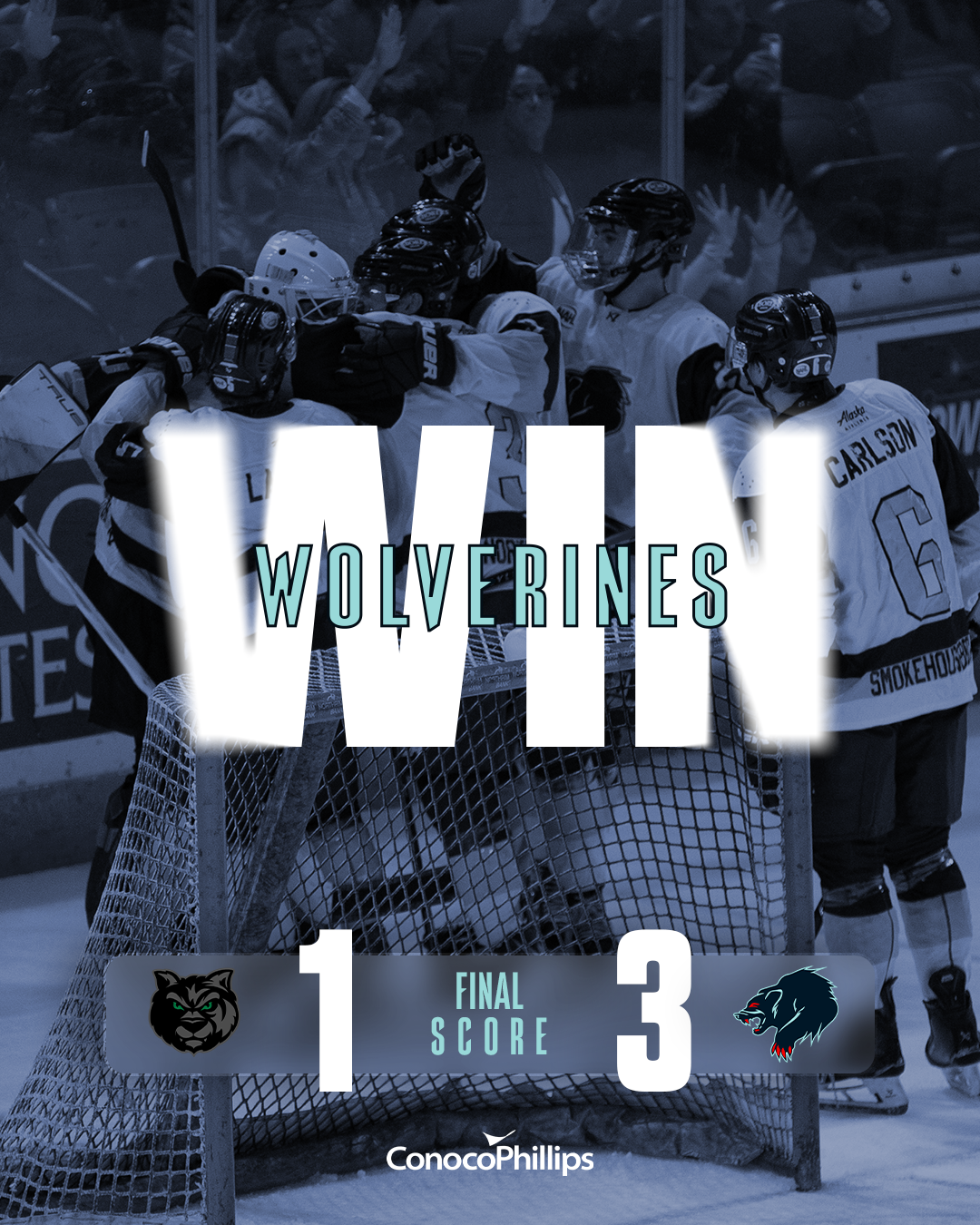 Final Score 10/9 Final Score between the Anchorage Wolverines (home) and the Minnesota Wilderness (away). Wolverines won 3-1